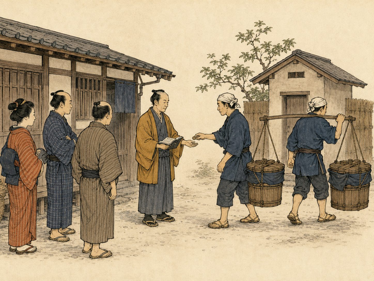 作図（AI生成）。しくみ② 汲み取りの権利は、誰のものだったか。溜まったものは、そこで出した住人のものではなかった。