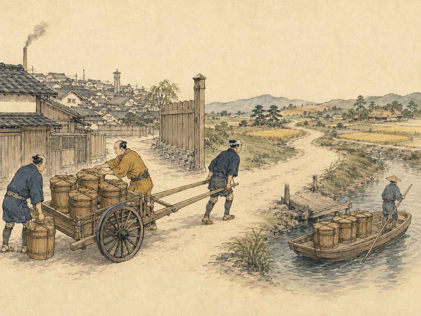 作図（AI生成）。しくみ③ 舟と大八車。汲み取った屎尿は、肥桶に入れて江戸の外へ運び出される。
