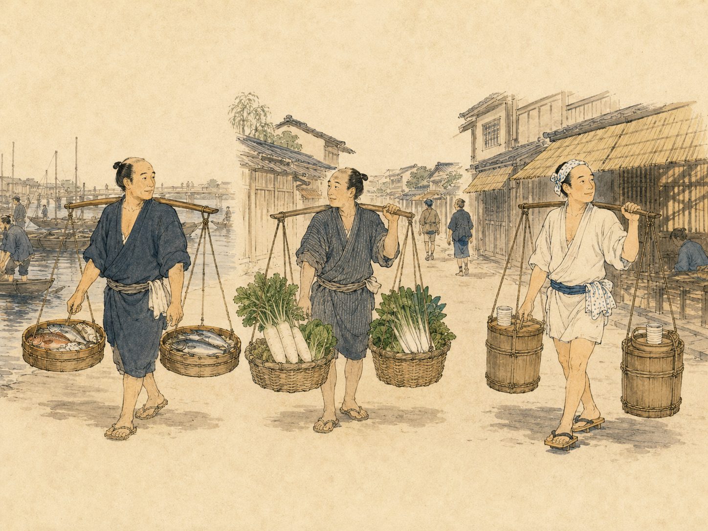 作図（AI生成）。しくみ② 何を売り歩いたか。棒手振りが担いだ品は、時代・季節・地域で驚くほど幅があった。