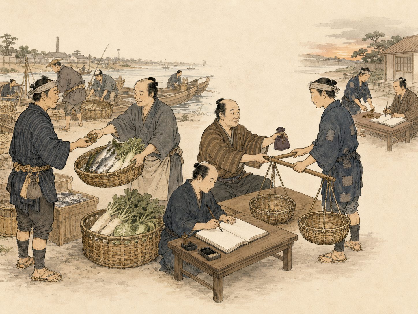 作図（AI生成）。しくみ③ 仕入れ。仕入れの元手は現金が基本だが、資金の乏しい者は仲買や親方から品物を掛けで融通してもらい、売り上げてから精算する形もあったと考えられる。