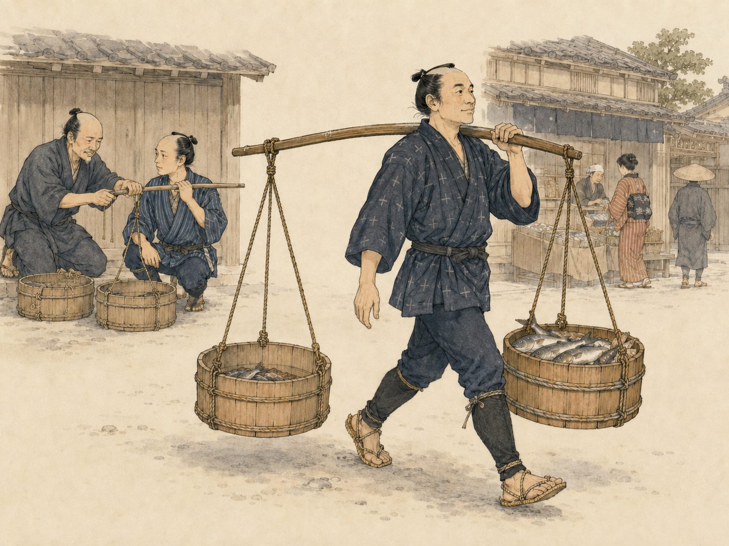 作図（AI生成）。しくみ⑤ 天秤棒と担ぎ方。道具の中心は天秤棒（担い棒）一本である。前後に桶や盤台、笊を吊るし、肩に担いで重さを分散させる。中身の重さに応じて前後の荷を調整し、バランスを取りながら小走りで町を回る——この担ぎ