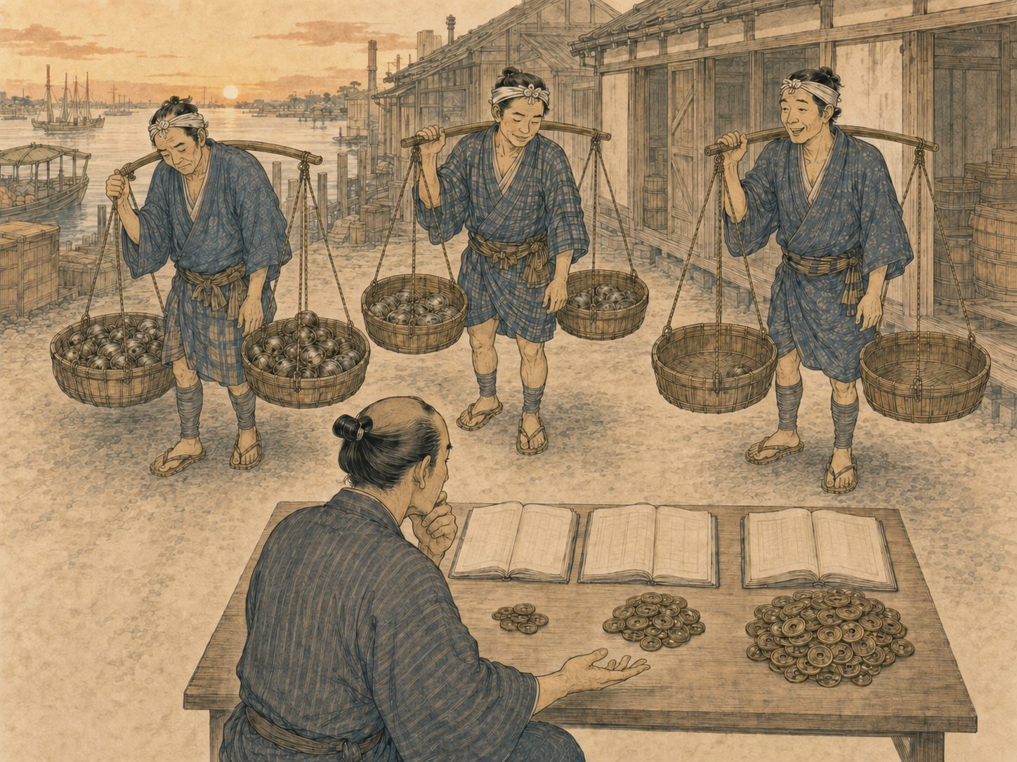 作図（AI生成）。しくみ⑥ 一日の稼ぎと、店を持つまでの道。棒手振りの実入りがどれほどだったかは、史料によって幅があり、一つの金額に絞り込むことは難しい。
