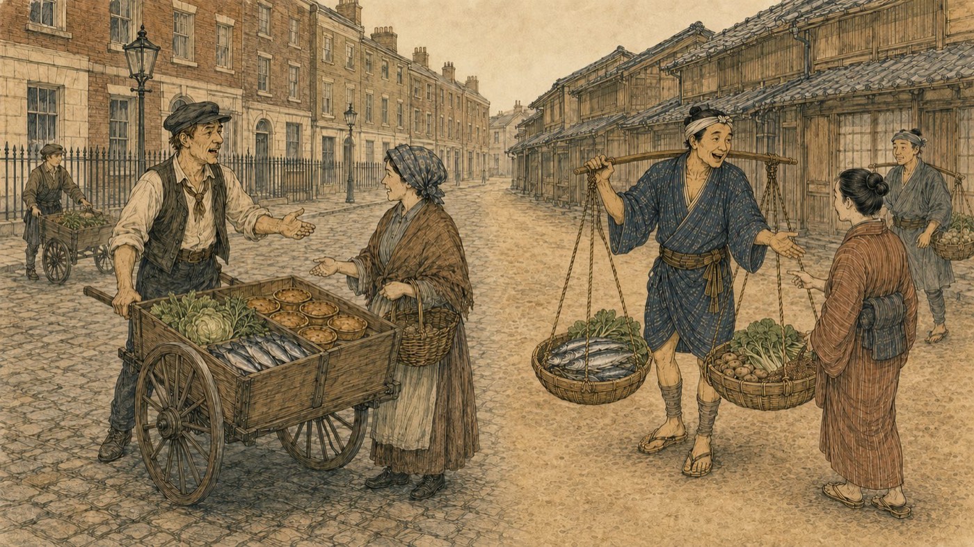 作図（AI生成）。同じころ、世界では。19世紀のロンドンにも、通りで魚や野菜、パイを売り歩く物売り（コスターモンガー）が大勢いた。ジャーナリストのヘンリー・メイヒューが『ロンドンの労働とロンドンの貧民』（1851）で克