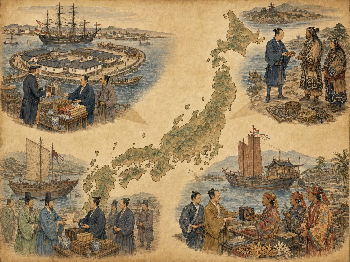 作図（AI生成）。しくみ② 「鎖国」という後世の言葉、四つの口という実態。「鎖国」という言葉そのものが、実は江戸時代の産物ではない。
