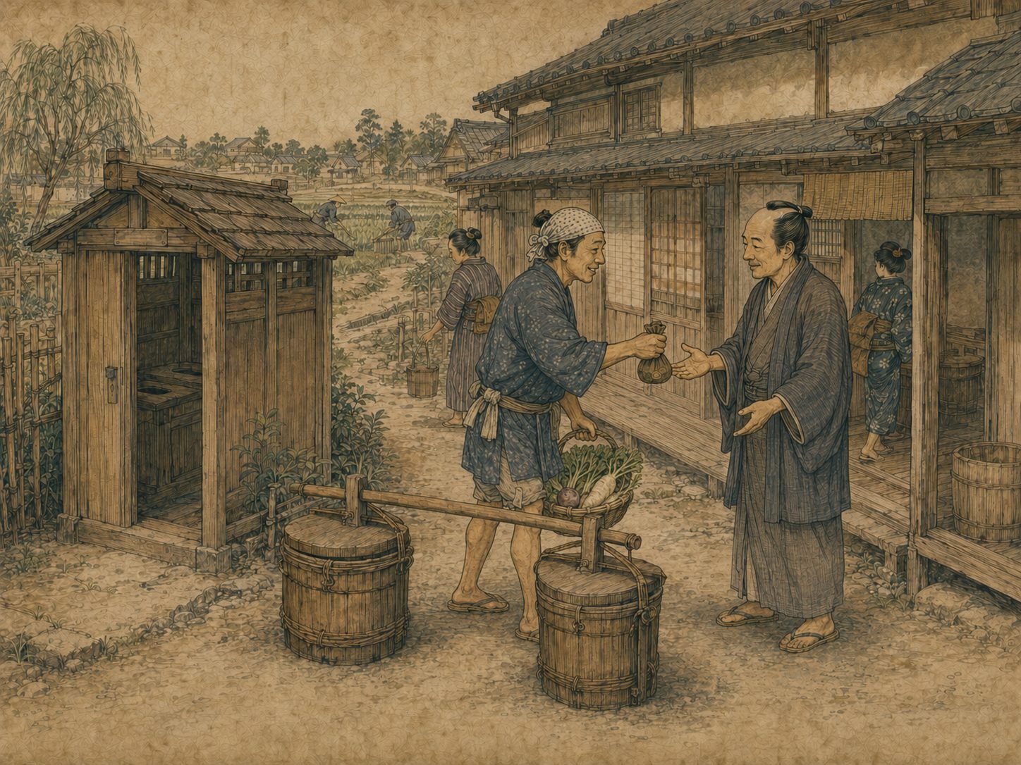 作図（AI生成）。しくみ② 下肥。江戸の長屋の惣後架（共同便所）に溜まったものは、近郊の百姓が銭や野菜を払って汲み取っていった。