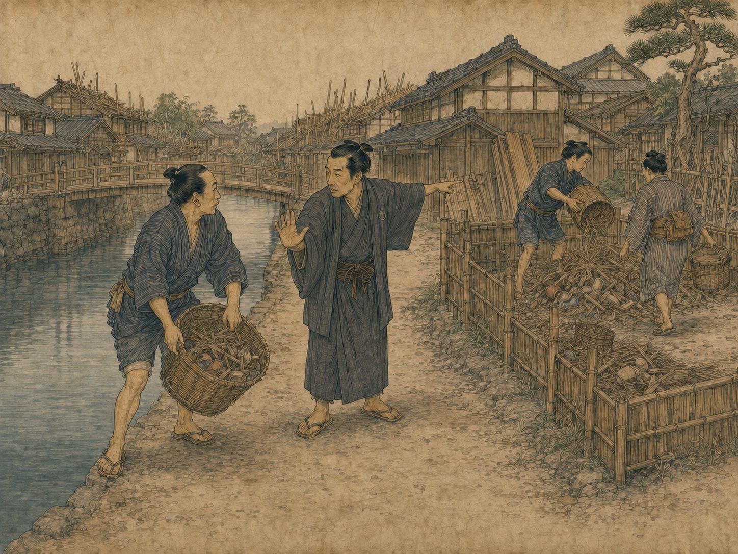 作図（AI生成）。しくみ③ それでも「ごみ」は出た。幕府は明暦の大火の後、ごみを勝手に川や堀へ捨てることを禁じ、指定の場所へ集めさせる触れを繰り返し出した。