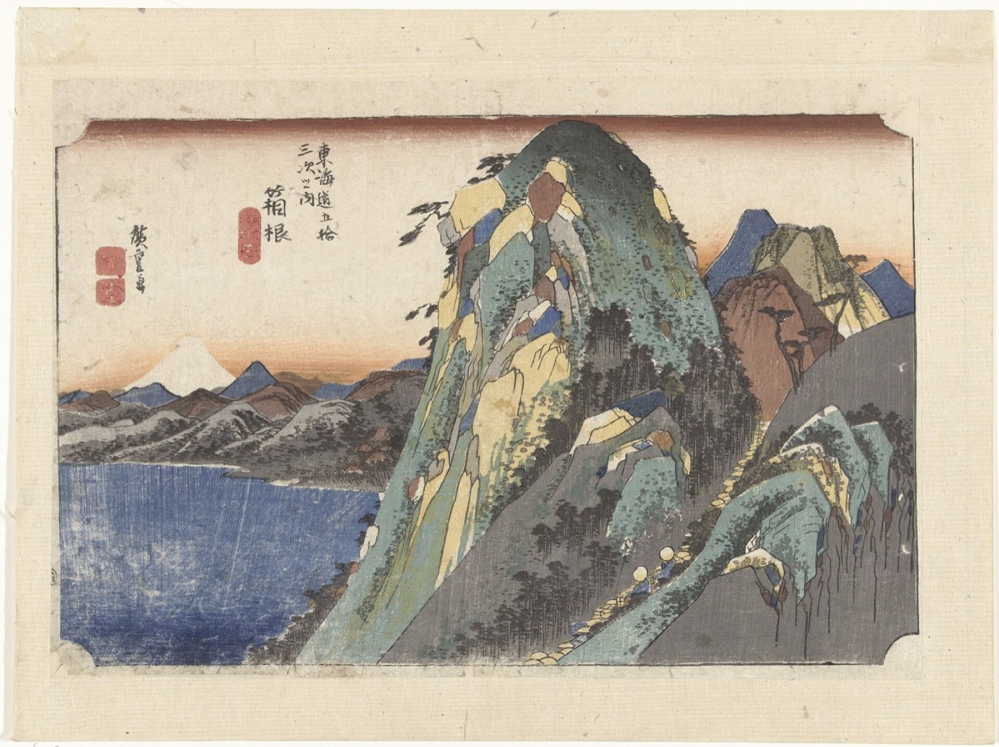 箱根の芦ノ湖を描いた図。湖と山に挟まれた地形