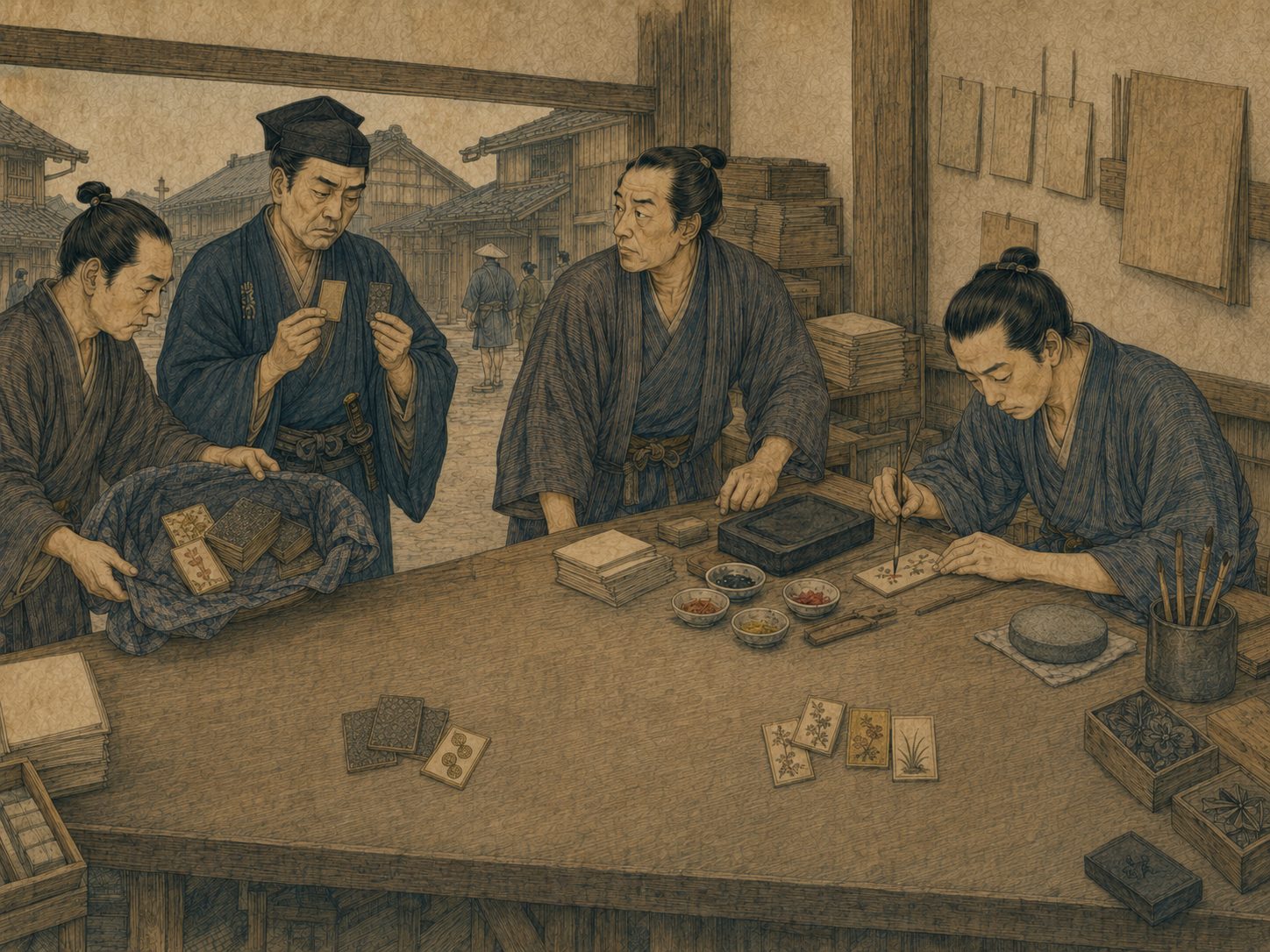 作図（AI生成）。しくみ② 禁じられるたびに、絵柄が遠ざかっていく。天正かるたが禁じられれば、見た目の似た札も一緒に取り締まりの目にさらされる。