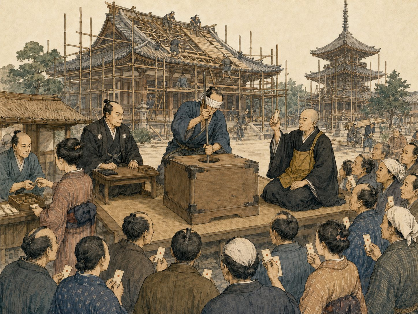 作図（AI生成）。しくみ③ 富くじとの対比。富くじは、寺社の堂塔修復費の調達という名目で寺社奉行の許可を得た、数少ない公認の賭けだった。