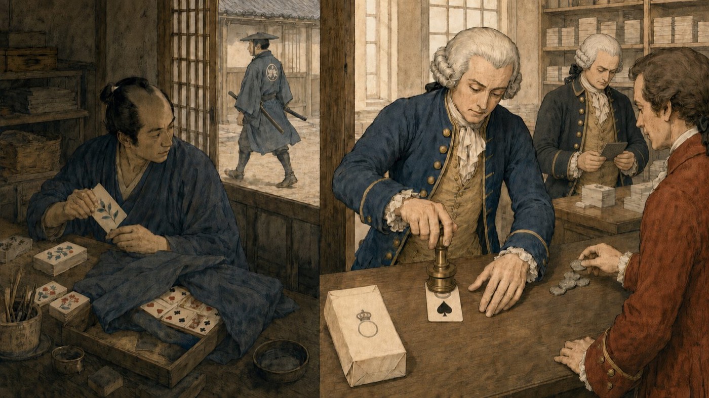作図（AI生成）。同じころ、世界では。江戸のかるたが姿を隠すことで生き延びようとしたのに対し、イギリスは正反対の方法でトランプを統制した。