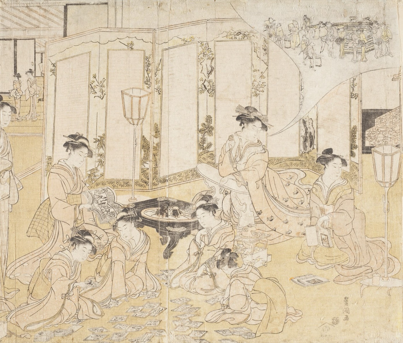 百人一首のかるたに興じる女性たちを描いた錦絵