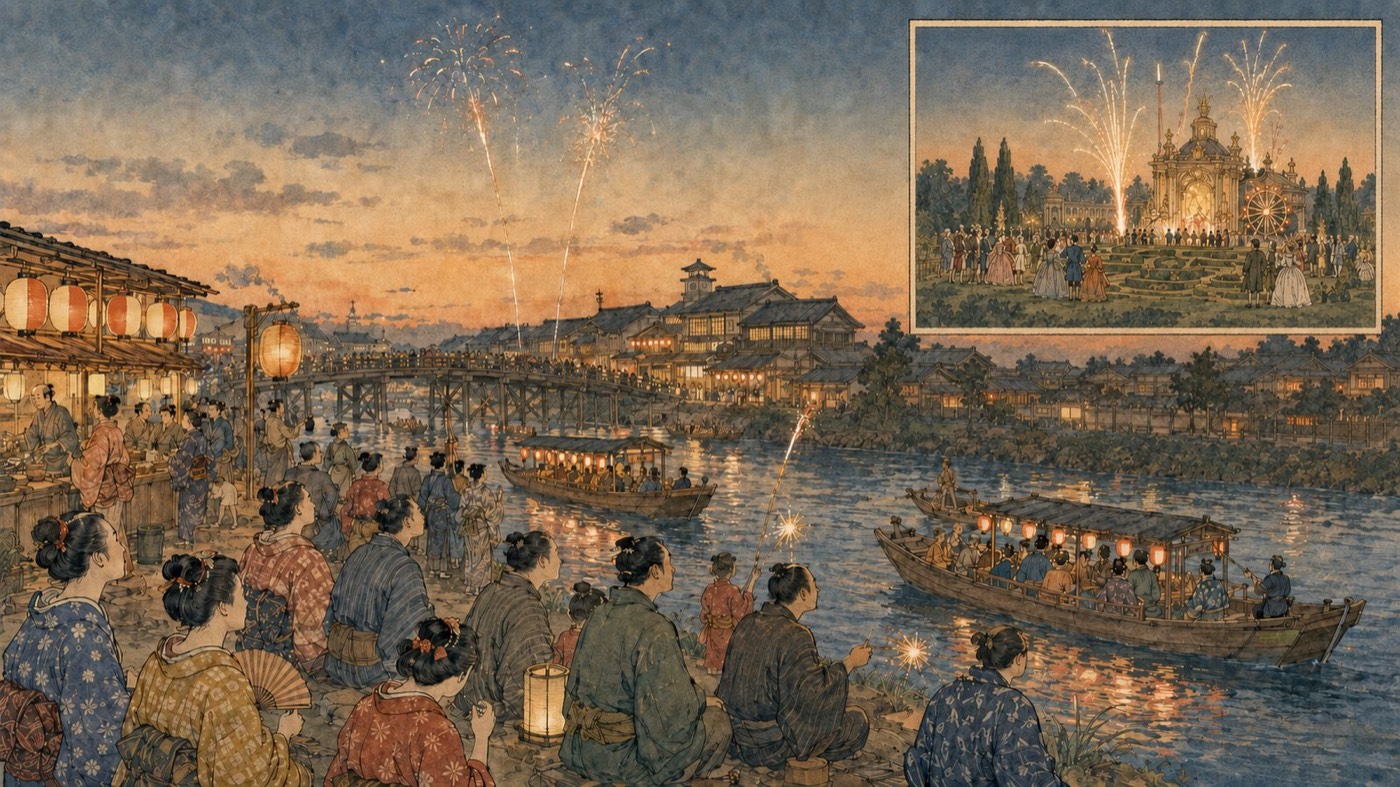 作図（AI生成）。同じころ、世界では。花火についても、ヨーロッパの近世は華やかな時代だった。