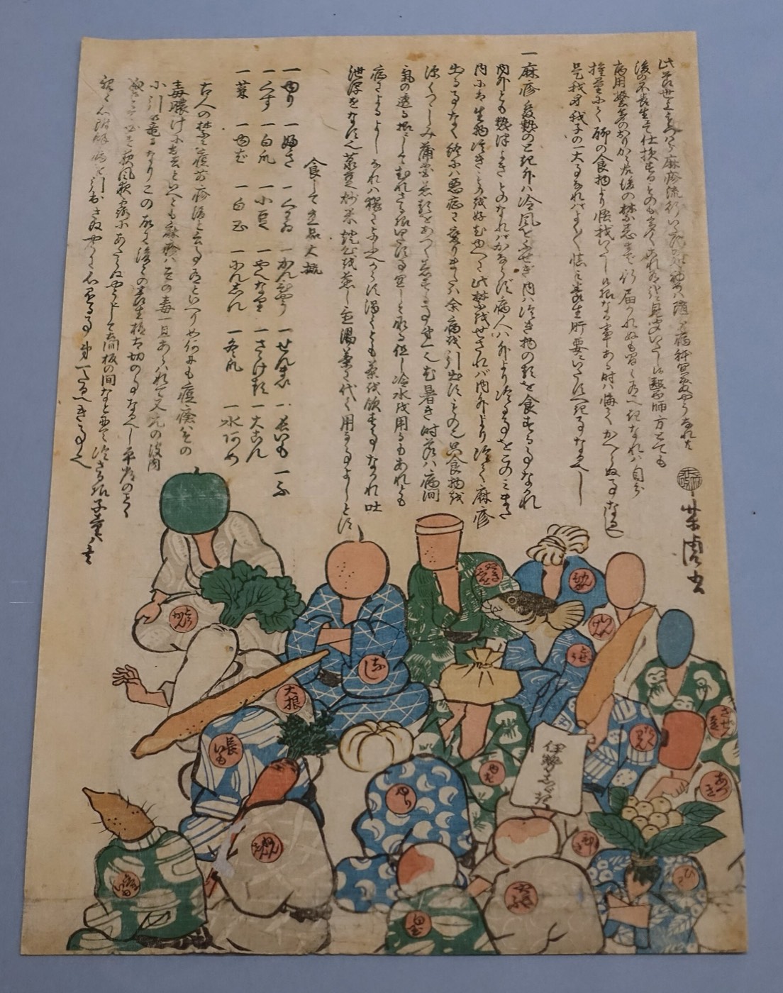 文久二年の麻疹絵。麻疹除けの図と食べ物の可否が刷られている