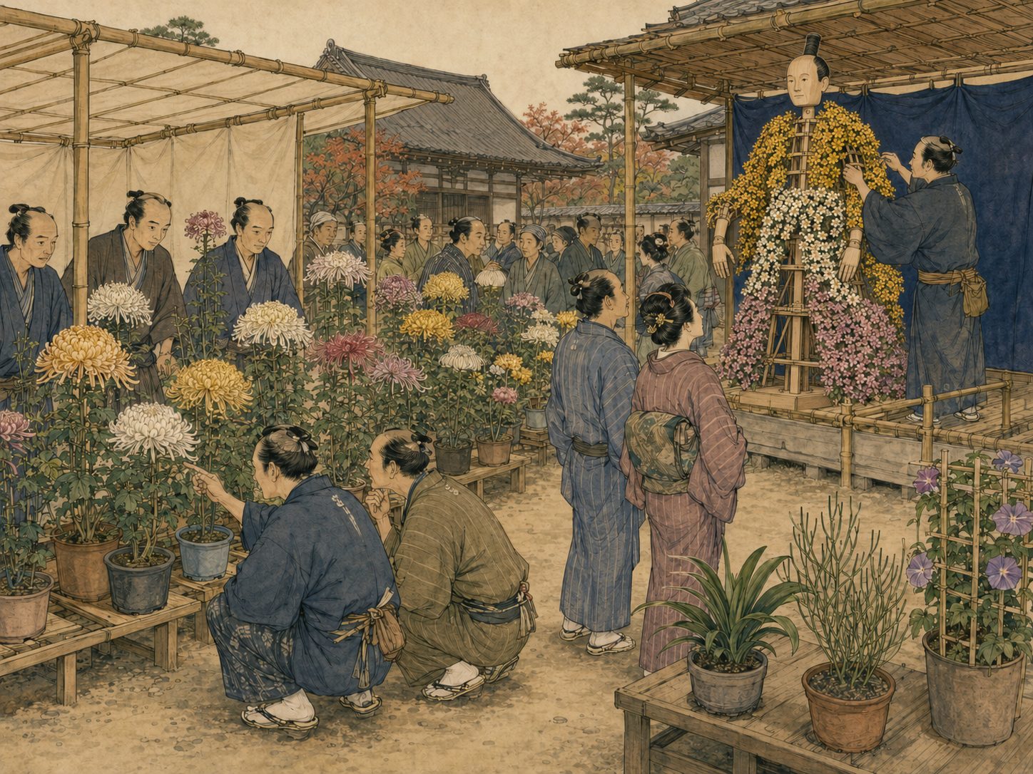 作図（AI生成）。しくみ② 菊・万年青・松葉蘭。菊は秋の品評会で丹精を競い合う対象であり、菊人形や菊細工といった見世物にまで発展した。