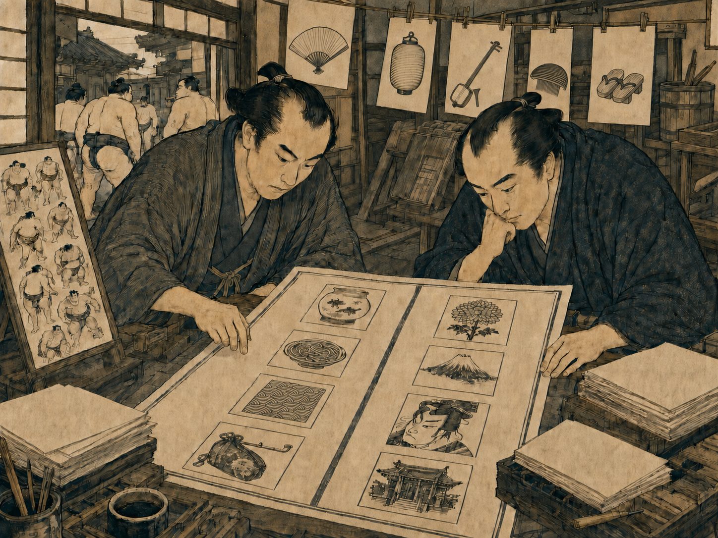 作図（AI生成）。しくみ④ 番付という可視化装置。相撲の番付表を借りて何でも格付けする見立番付の全体像については、本サイト評判記と番付に譲る。