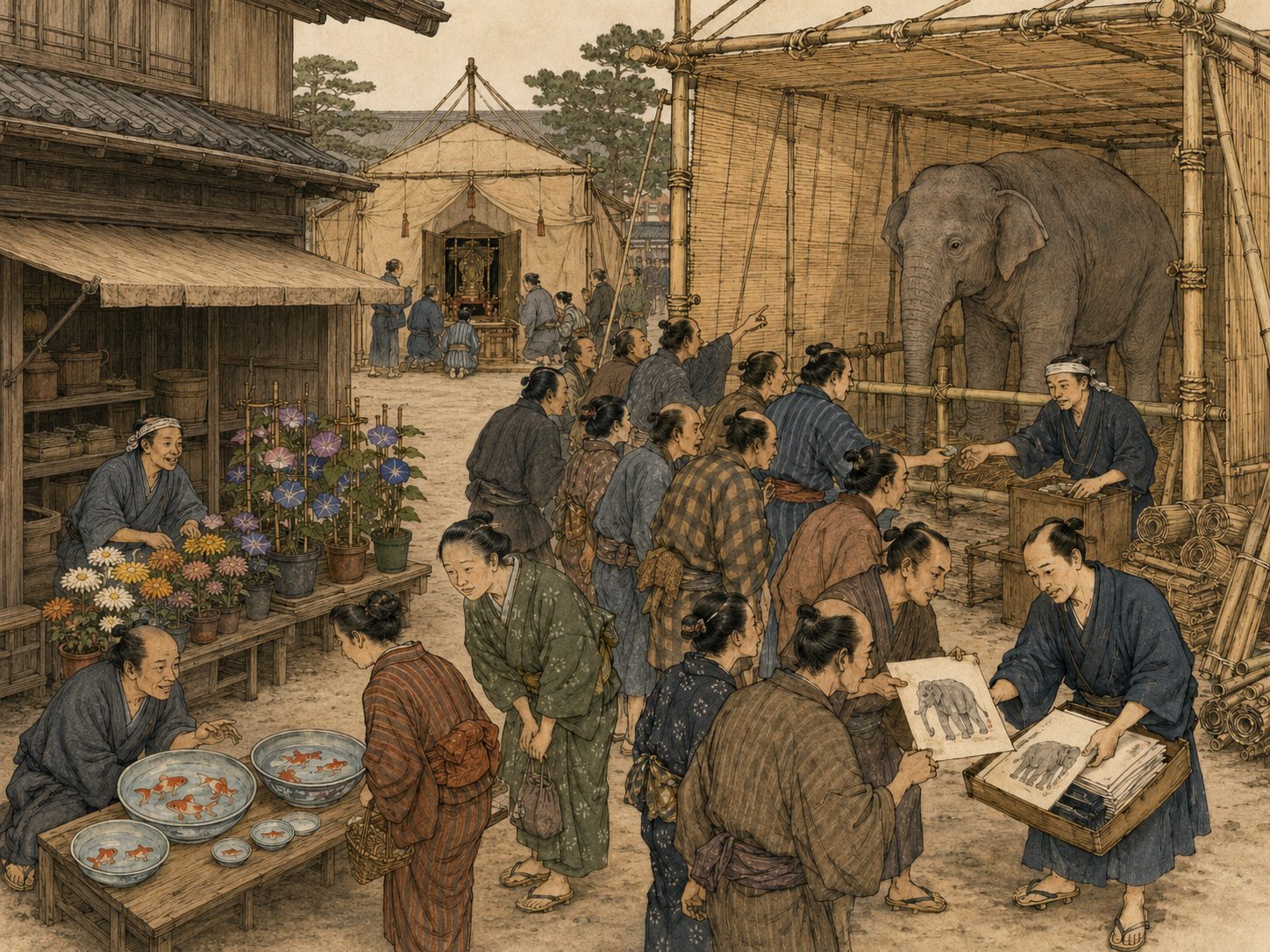 作図（AI生成）。しくみ⑤ 見立て・見世物・開帳。園芸や金魚の流行が数年単位で続いたのに対し、もっと短命な熱狂もあった。