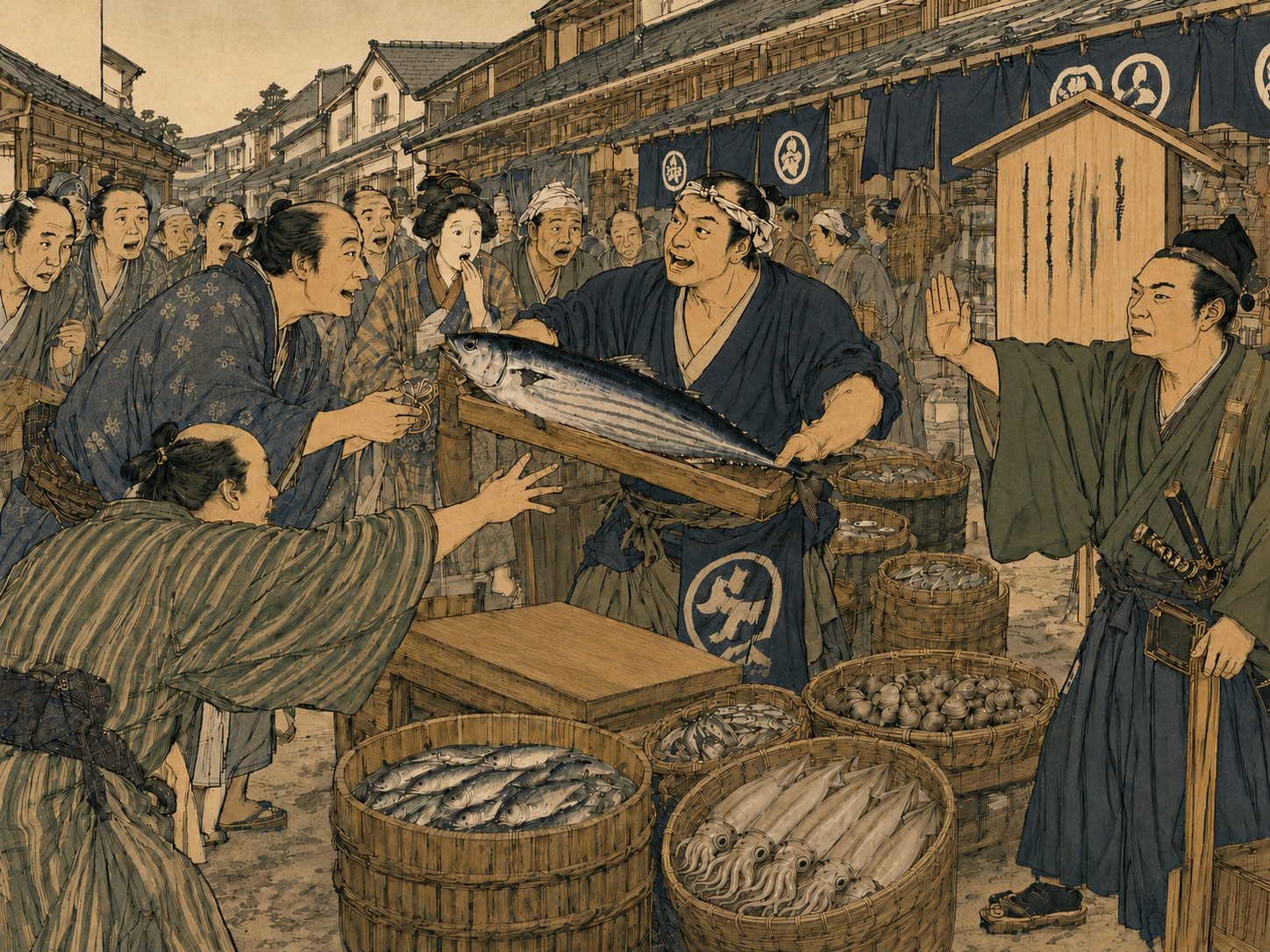 作図（AI生成）。しくみ⑥ 初物志向と奢侈禁止令のいたちごっこ。季節の初物に大金を払う熱狂——なかでも初鰹への執着——については、本サイト魚河岸と胃袋で触れた。
