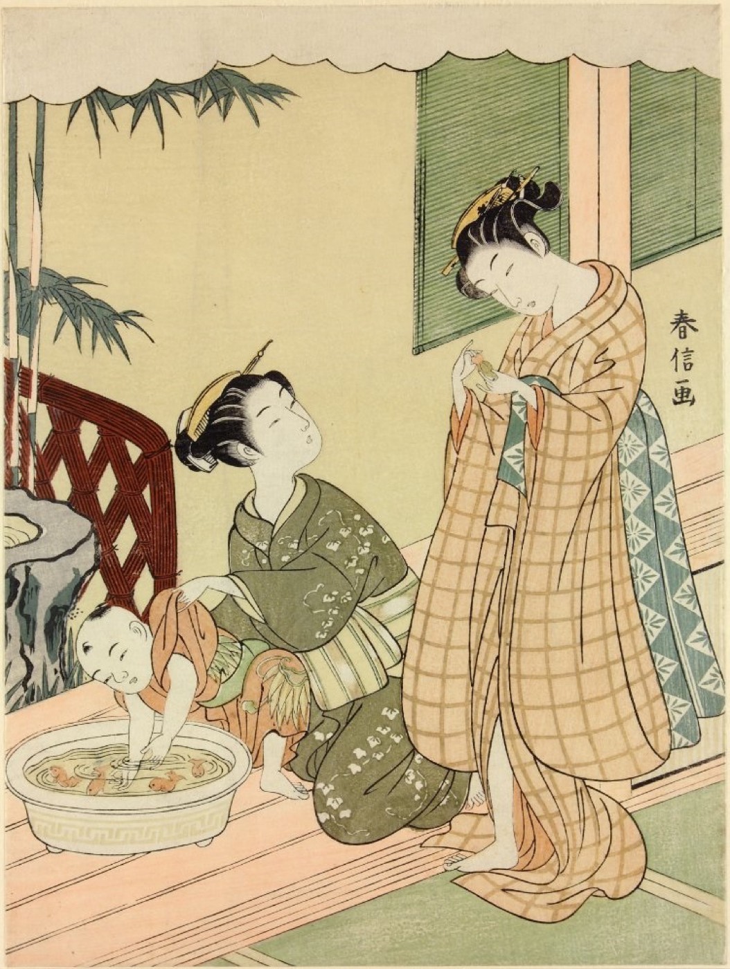 金魚鉢のそばにいる女性と子どもを描いた鈴木春信の錦絵