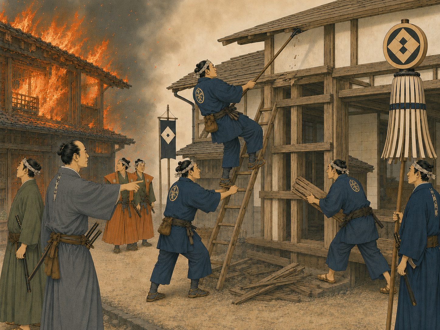 作図（AI生成）。しくみ。屋根は板葺きや茅葺き、壁は土壁、間仕切りは襖と障子。