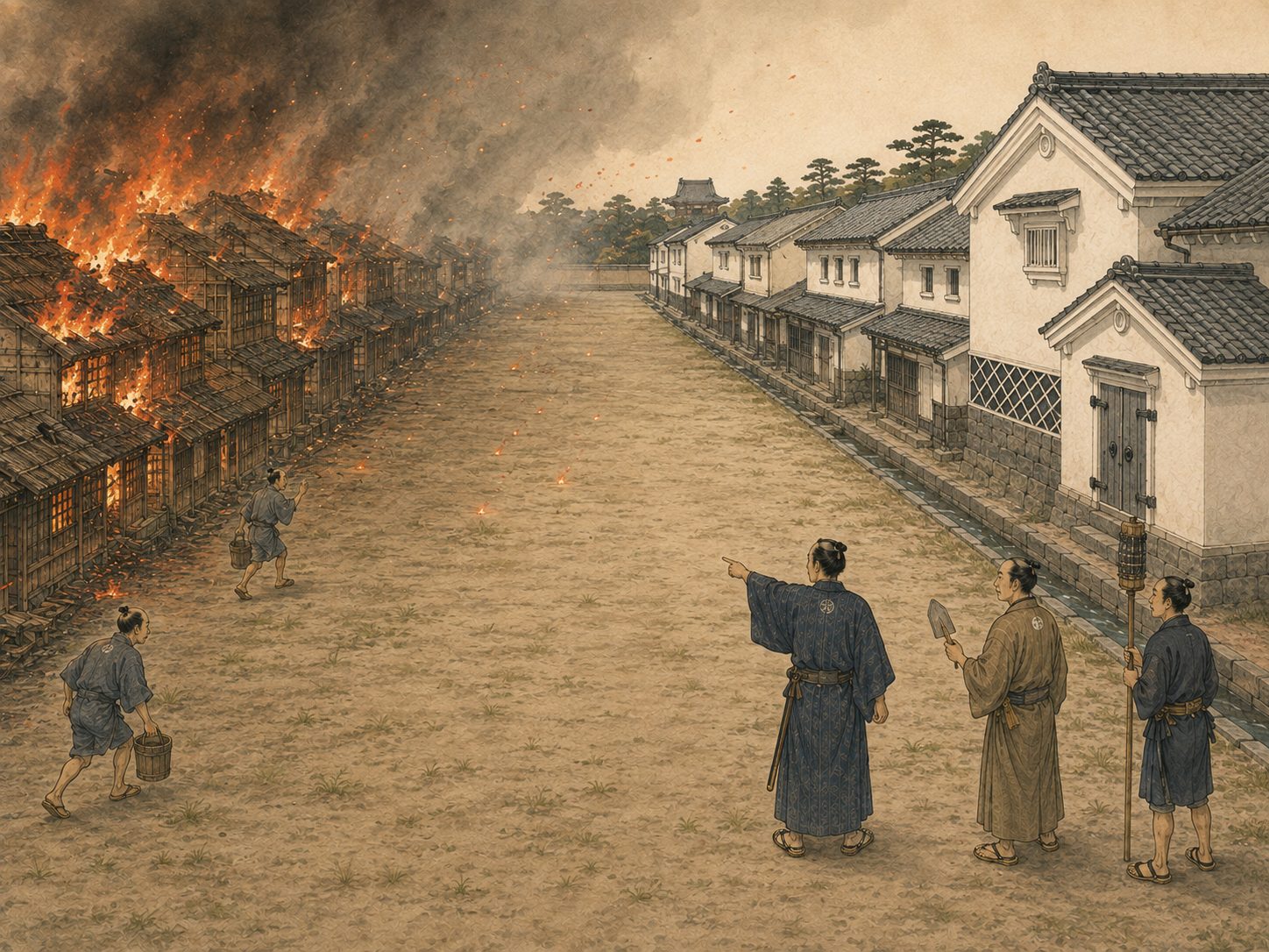 作図（AI生成）。しくみ② 都市の側の備え。消防組織と並んで重要だったのが、都市そのものを燃えにくく作り替える試みである。