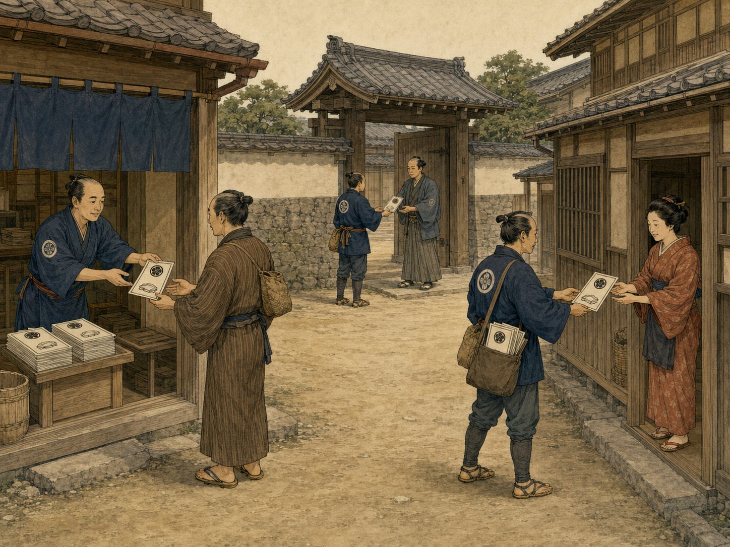作図（AI生成）。しくみ② 誰が刷り、誰が配ったか。配布は店先で客に手渡す、得意先の屋敷へ届ける、町の家々へ配って回るなど、いくつもの経路があったとされる。