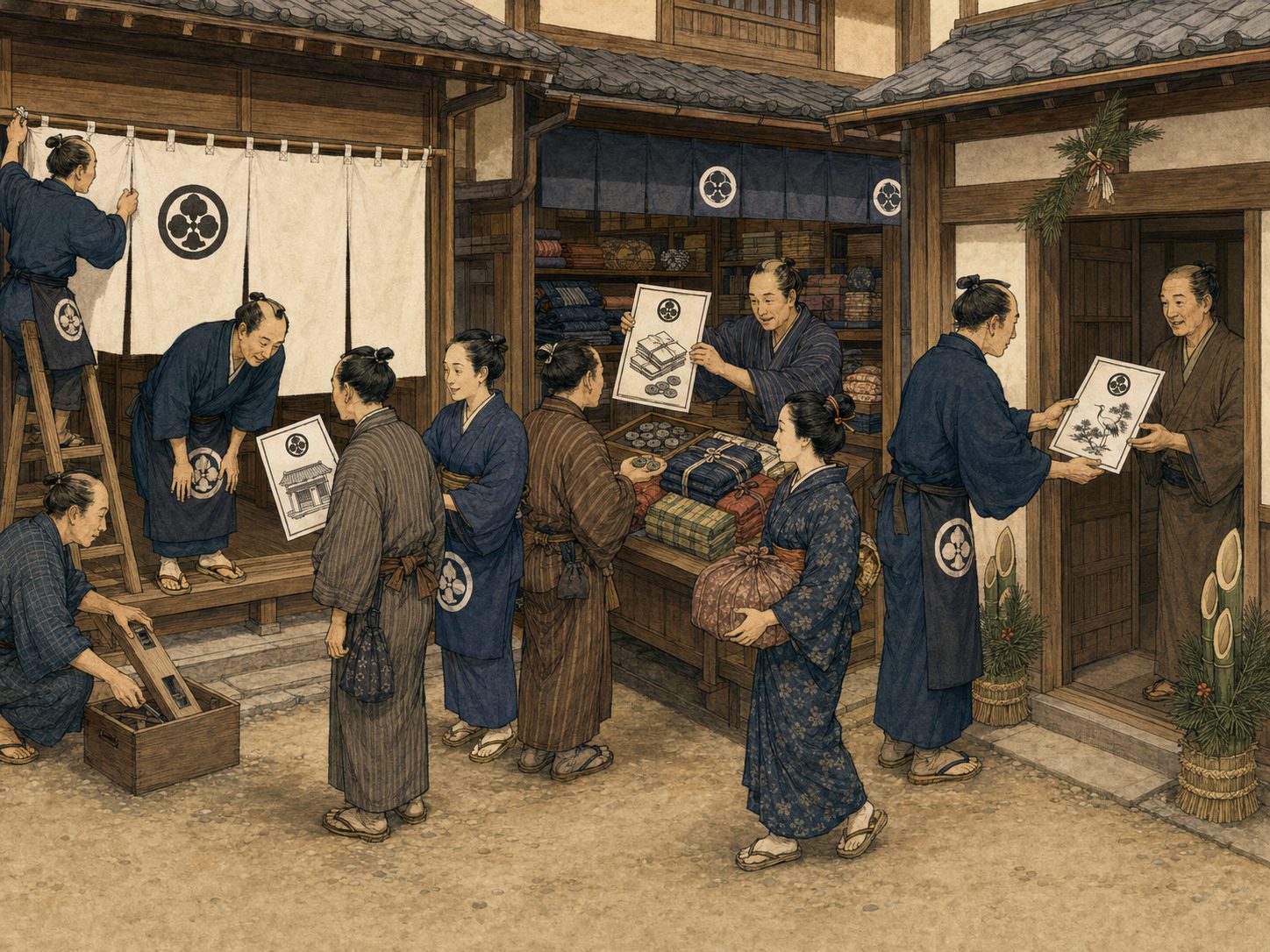 作図（AI生成）。しくみ③ 文面の型。開店・移転の口上（新装開店や移転先の案内、越後屋の「現銀安売無掛値」もここに含まれる）、安売り・売り出しの口上（在庫処分や季節の大売り出しを告げる）、そして年始の挨拶を兼ねた引札（