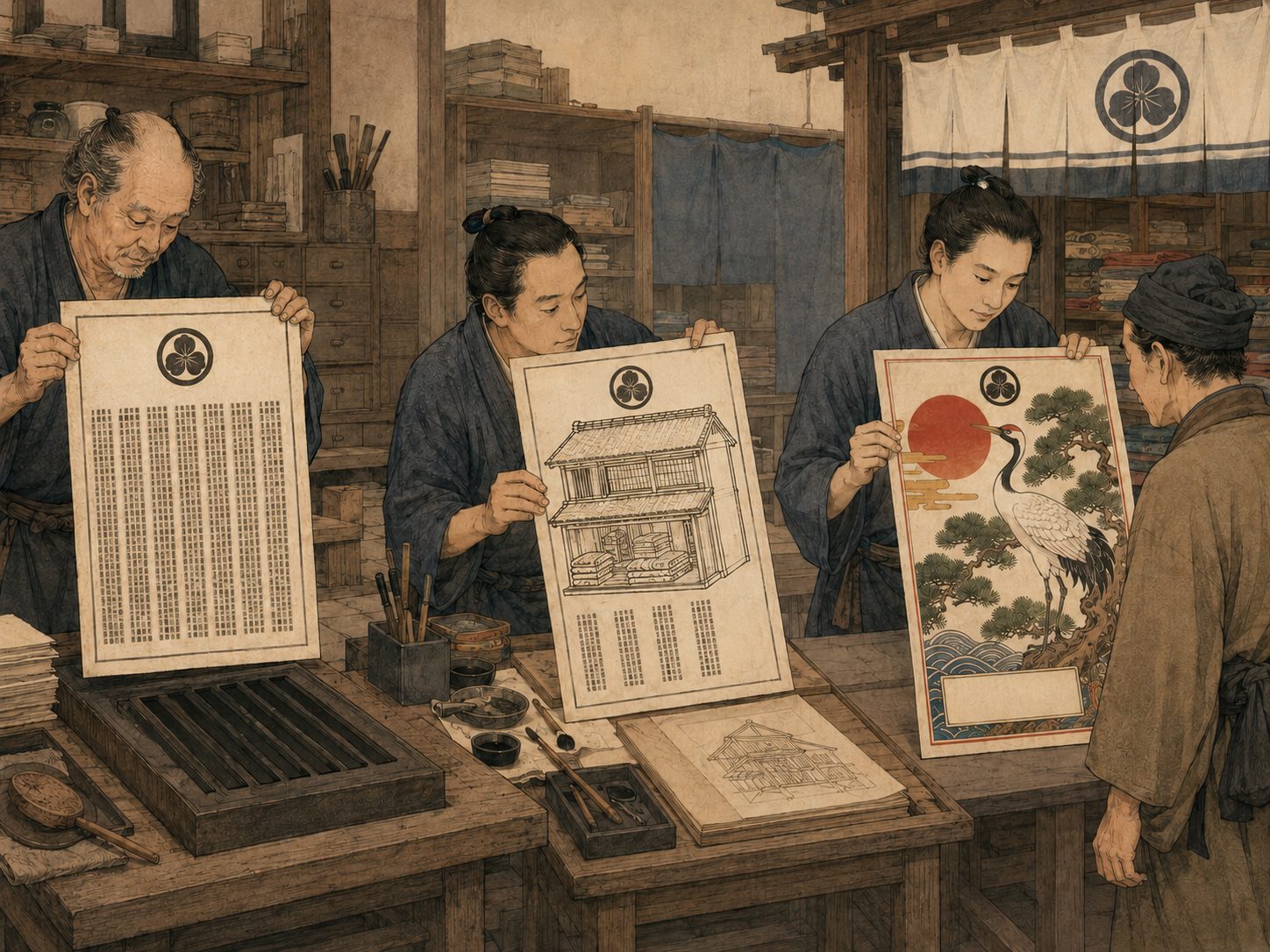 作図（AI生成）。しくみ④ 絵が入るようになった経緯。初期の引札は文字主体の簡素な刷り物だったが、時代が下るにつれて絵入りの華やかなものが増えていく。