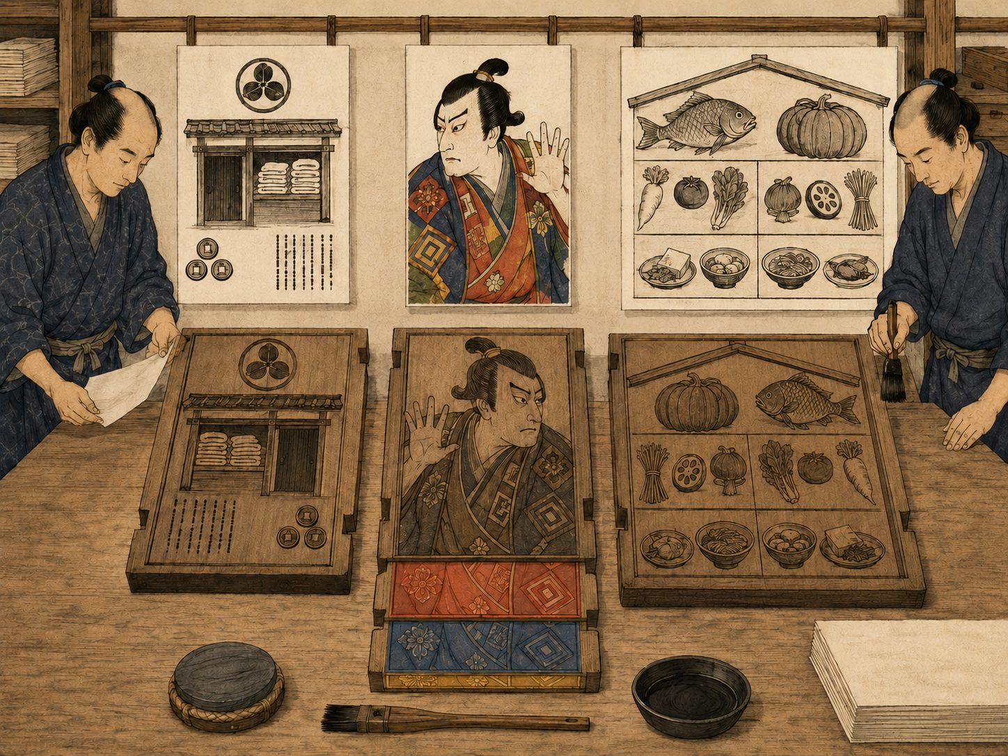 作図（AI生成）。しくみ⑤ 引札と錦絵・番付の関係。引札・錦絵・見立番付は、いずれも同じ木版印刷という土台の上に成り立つ、江戸のメディア群の異なる顔だと捉えると全体像がつかみやすい。