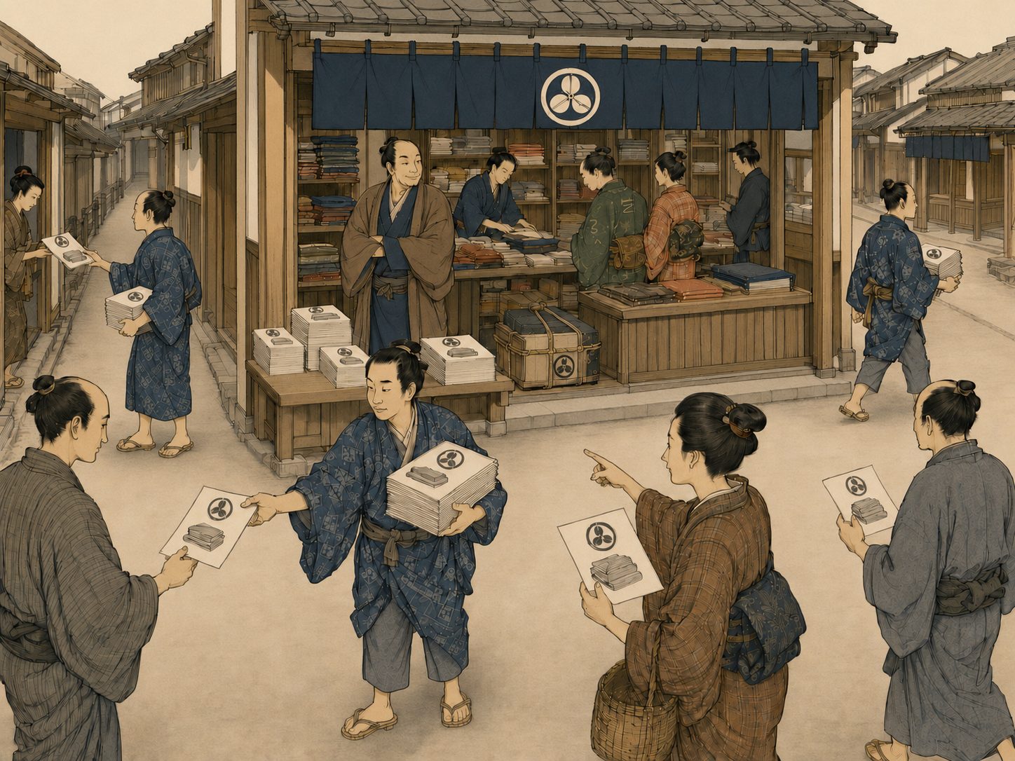 作図（AI生成）。しくみ⑥ 効き目をどう測ったか。効果測定の手段を持たないまま広告を出し続けられたのは、印刷・配布のコストがそこまで高くなかったことに加え、「配ること自体が店の勢いを示す」という信用形成の効果があったためだと考えら
