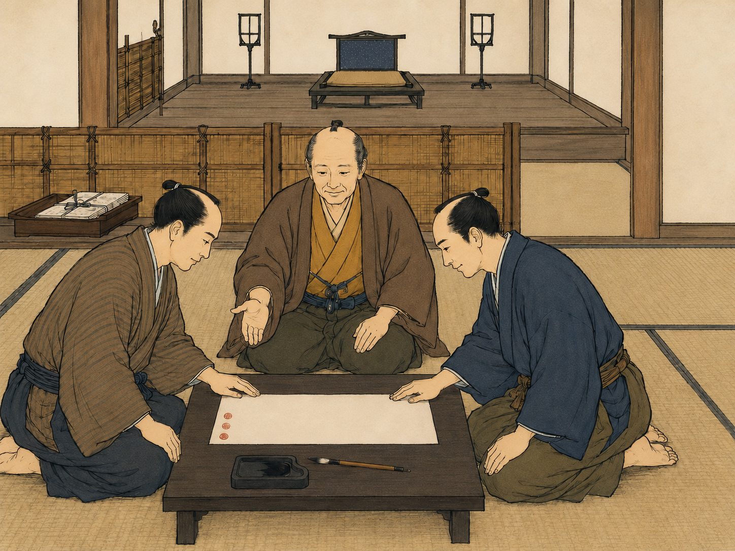 作図（AI生成）。しくみ③ 訴訟は、たいてい判決まで行かない。江戸の訴訟でもっとも見落とされやすいのが、内済（ないさい）である。