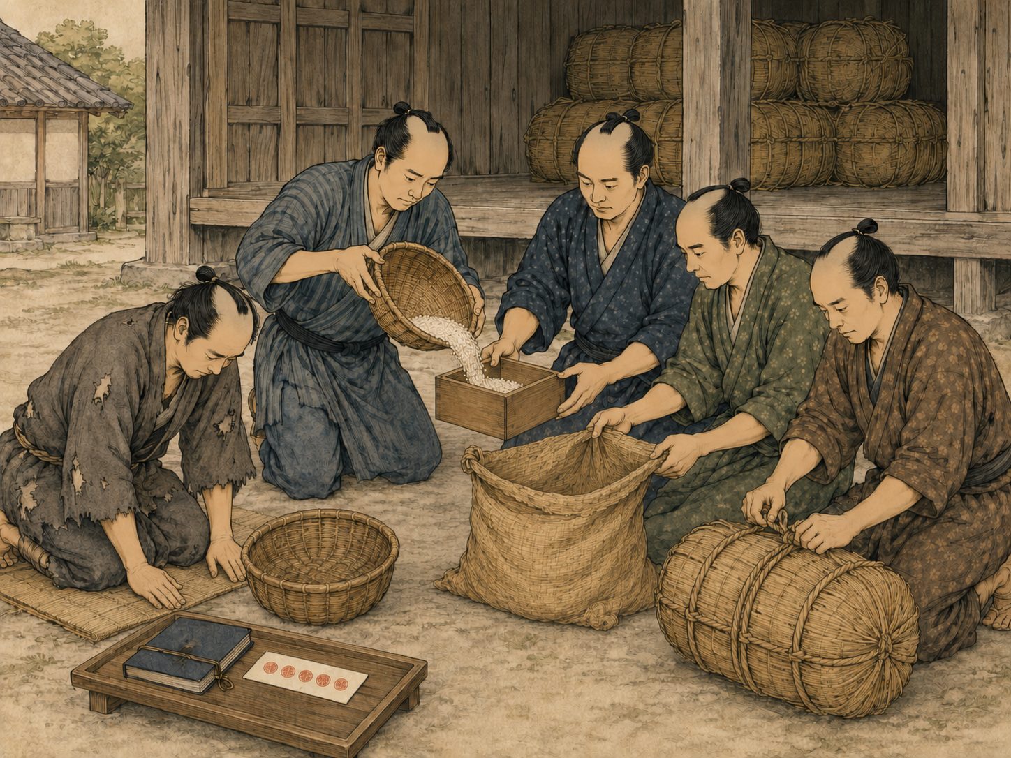 作図（AI生成）。しくみ④ 五人組という相互責任。年貢の未進（滞納）が出れば組全体で連帯して補い、逃散や犯罪があれば組全体が届け出の責任を問われる——というのが基本の建前である。