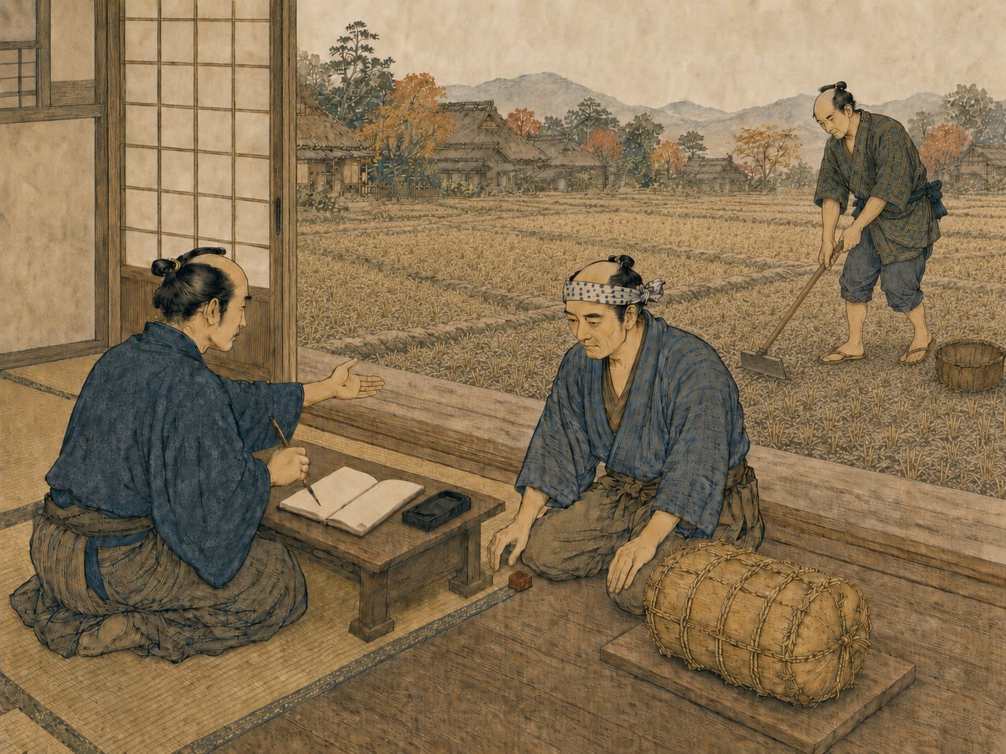 作図（AI生成）。しくみ⑤ 本百姓と水呑。検地帳に自分の田畑として登録され、年貢を直接負担する者を本百姓と呼ぶ。