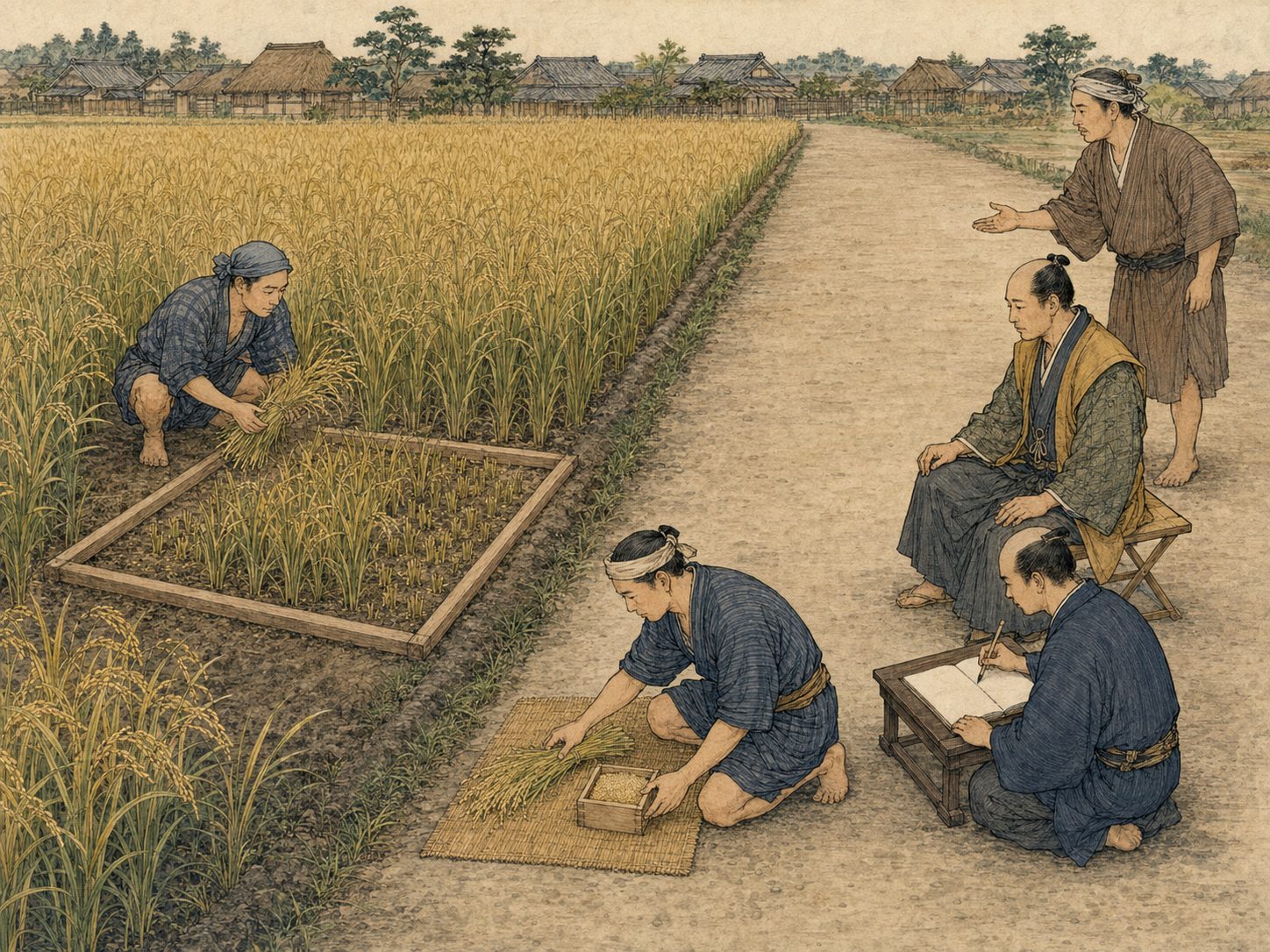 作図（AI生成）。しくみ⑦ 年貢の決め方。もっとも古くから行われたのが検見法（けみほう）で、毎年、役人が村に出向いて田畑の作柄を実際に見分し、その年の出来高に応じて年貢率を決める方式である。