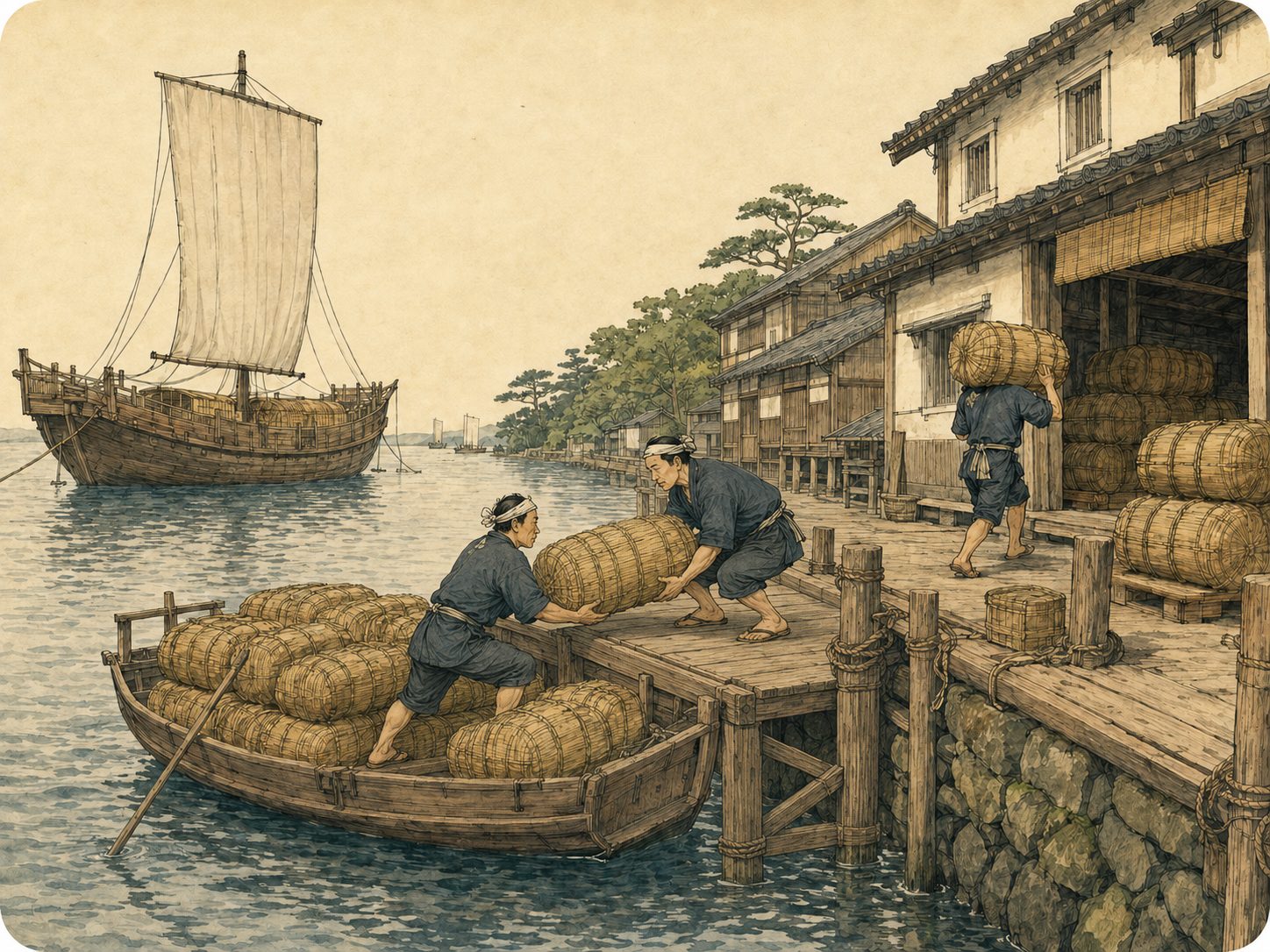 作図（AI生成）。しくみ② 廻船と河岸。米が江戸に届くには、まず海を渡らなければならない。