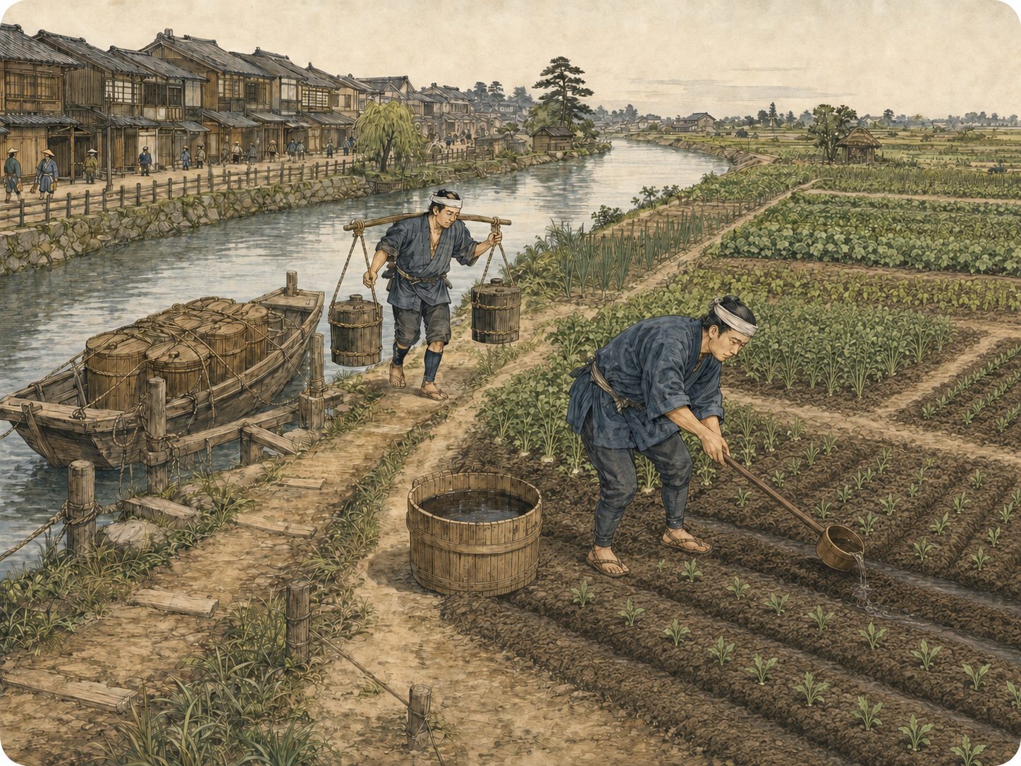 作図（AI生成）。しくみ③ 近郊の畑。近郊農業がこれほど集中的に発達した条件の一つが、下肥（人糞尿を用いた肥料）の存在である。