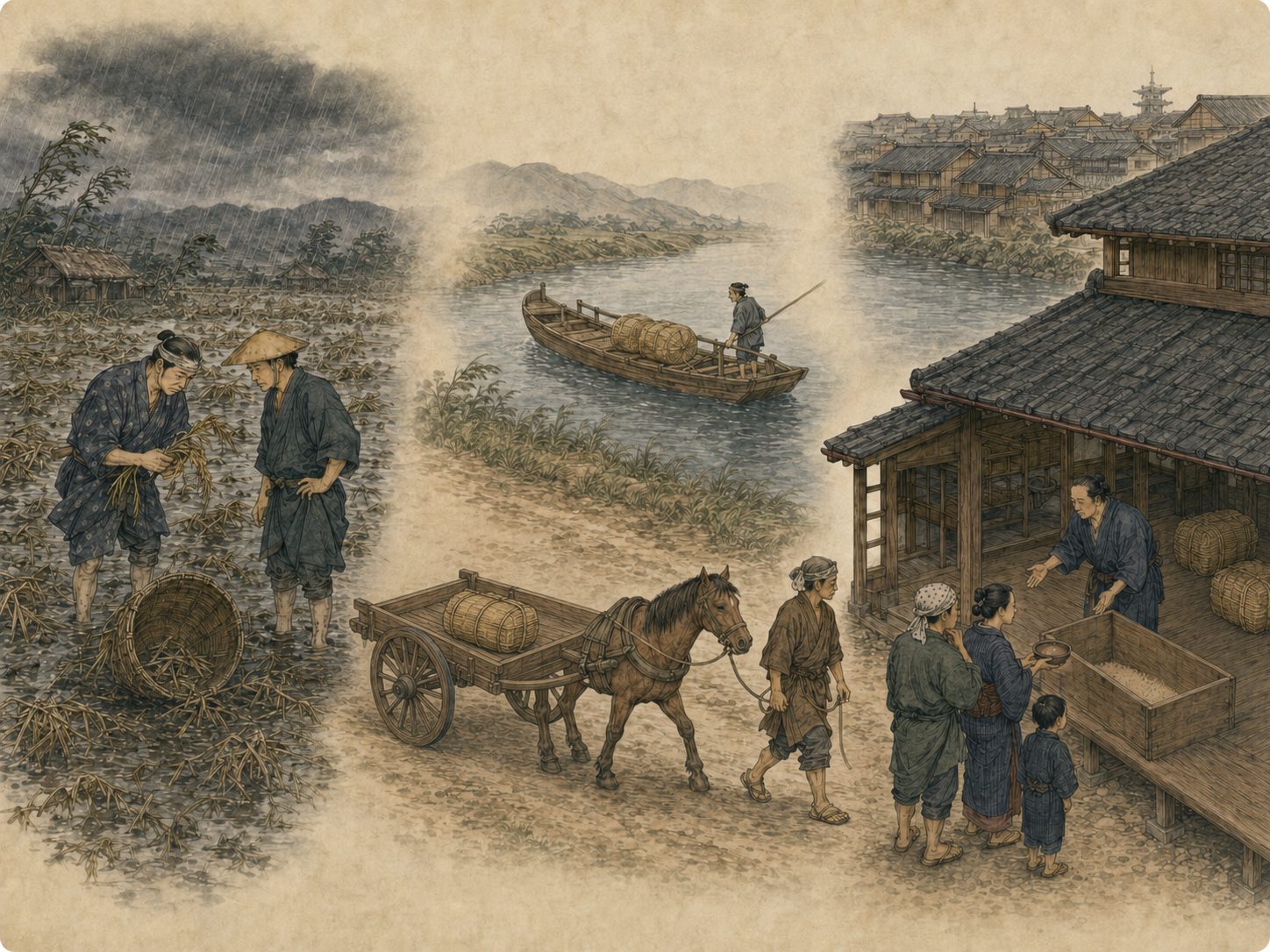 作図（AI生成）。しくみ⑥ 凶作と飢饉。だが天候が崩れ、遠隔地の作柄が悪化すると、たちまち脆さが露わになる。