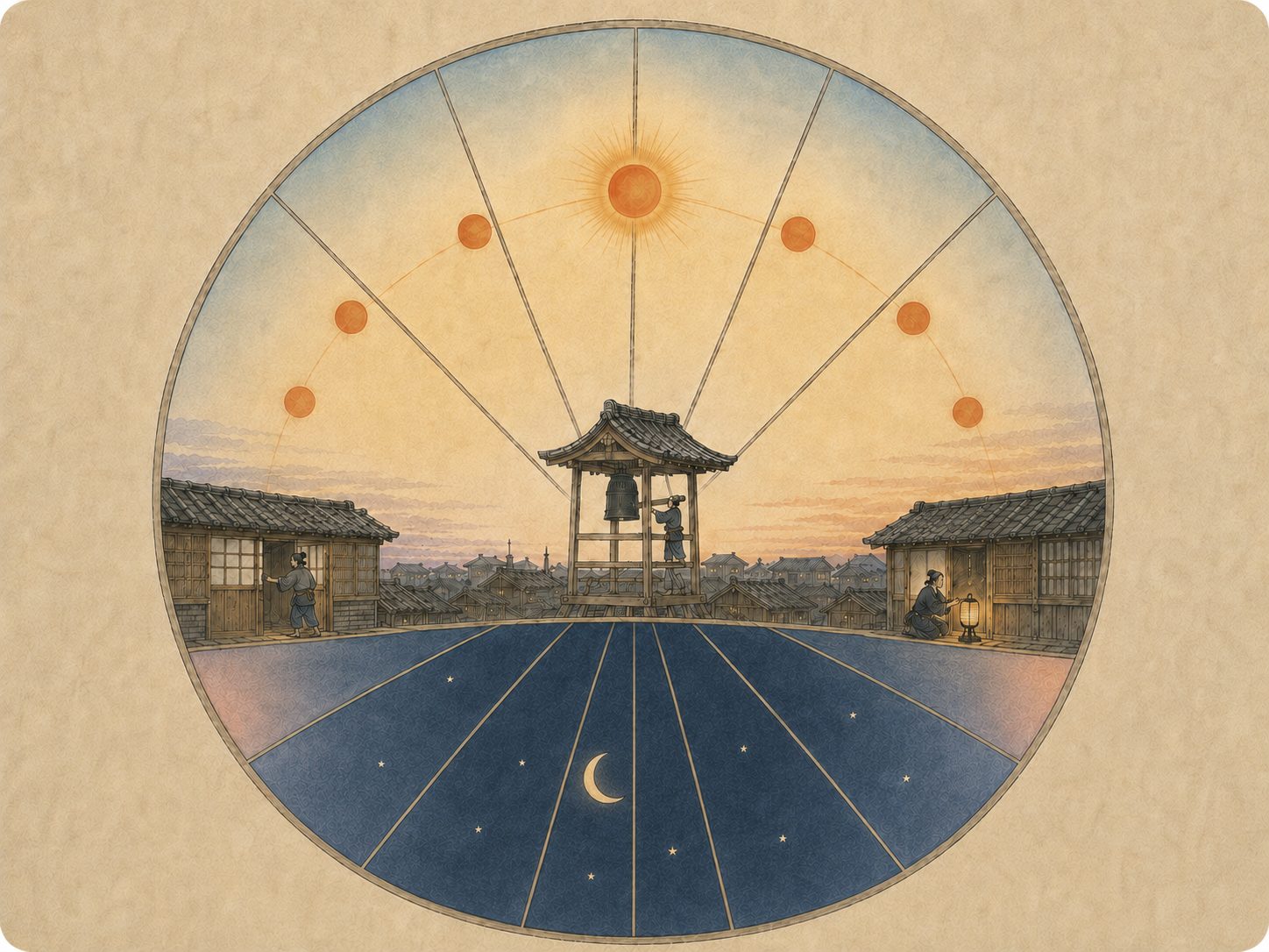 作図（AI生成）。しくみ。日の出の少し前を「明六つ（あけむつ）」、日の入りの少し後を「暮六つ（くれむつ）」とし、その間の昼を六等分、残る夜を六等分する。