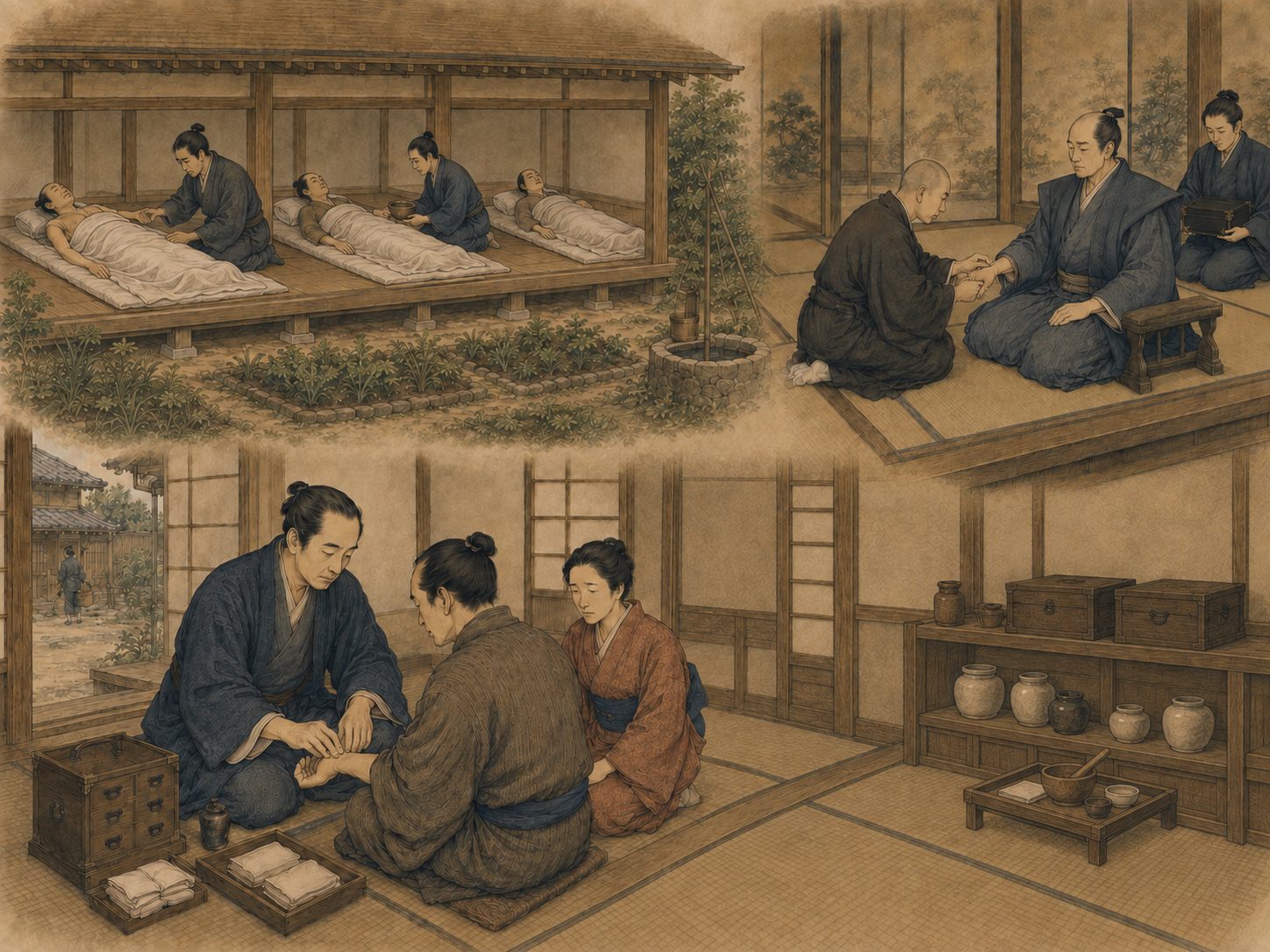 作図（AI生成）。しくみ③ 町医者と御典医、そして小石川養生所。幕府や藩に召し抱えられた医者と、町で開業する町医者である。