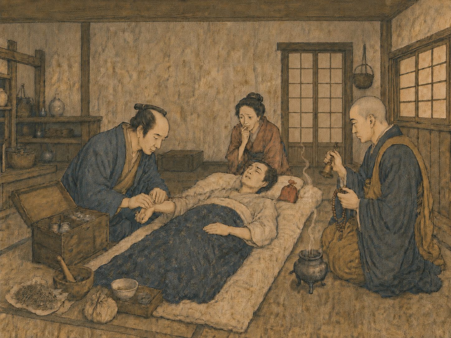 作図（AI生成）。しくみ⑦ まじないと医療は、同じ屋根の下にあった。病の原因が分からず、治療の効き目も確かめようがない世界では、手を尽くすこと自体に意味がある。