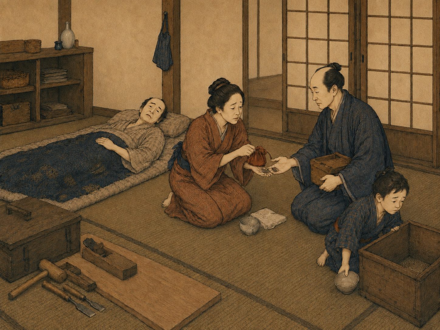 作図（AI生成）。しくみ⑧ 病は家計を壊す。庶民にとって病の恐ろしさは、症状そのものだけではなかった。