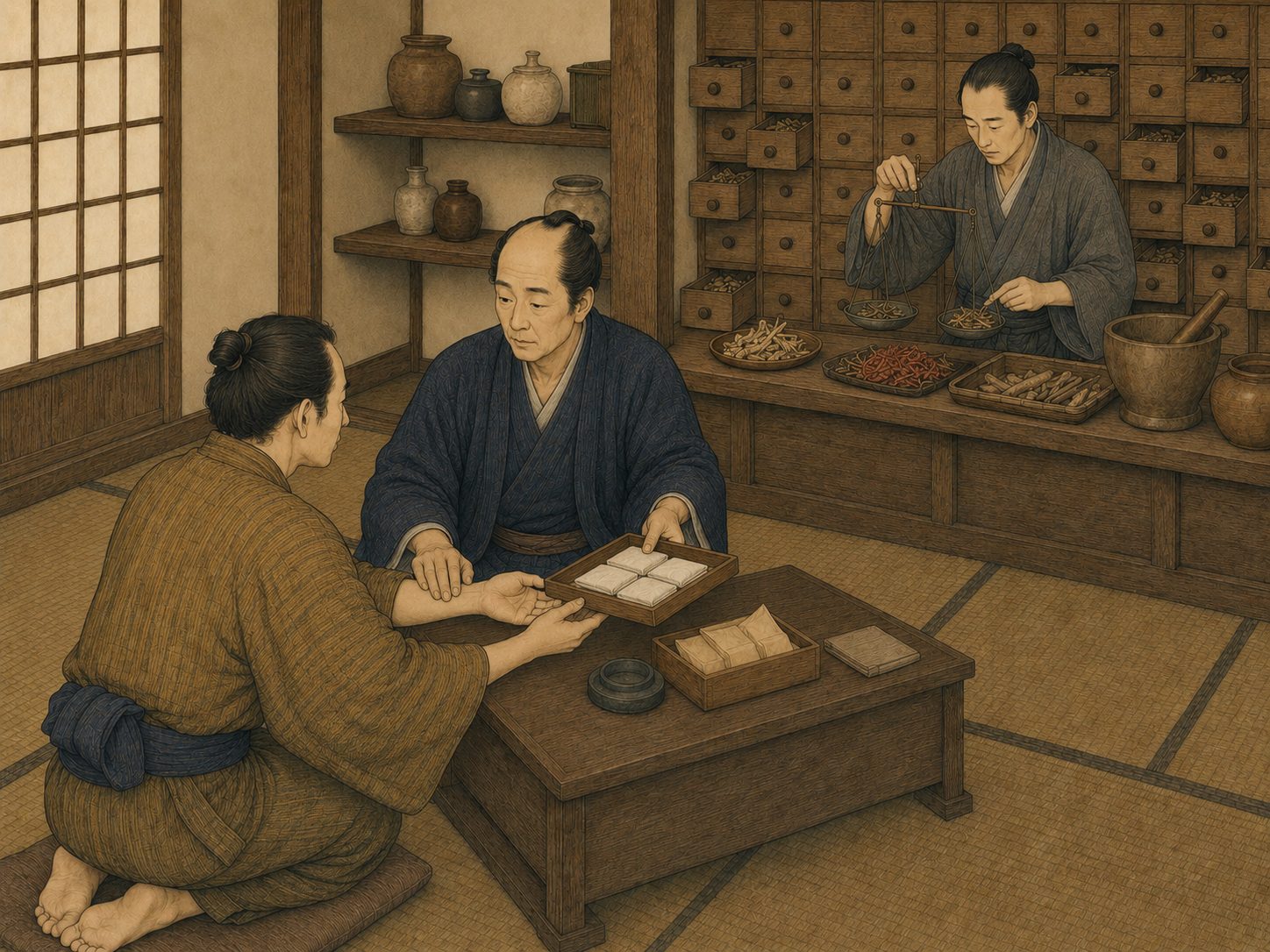 作図（AI生成）。しくみ④ 薬という商品。医者にかかるとは、多くの場合薬をもらうことだった。