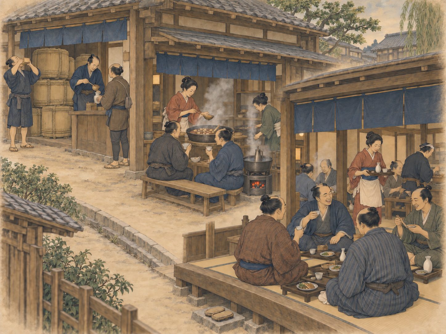 作図（AI生成）。しくみ② 酒屋 → 煮売り酒屋 → 居酒屋。店先で飲む客がつけば、次に起きることは決まっている。