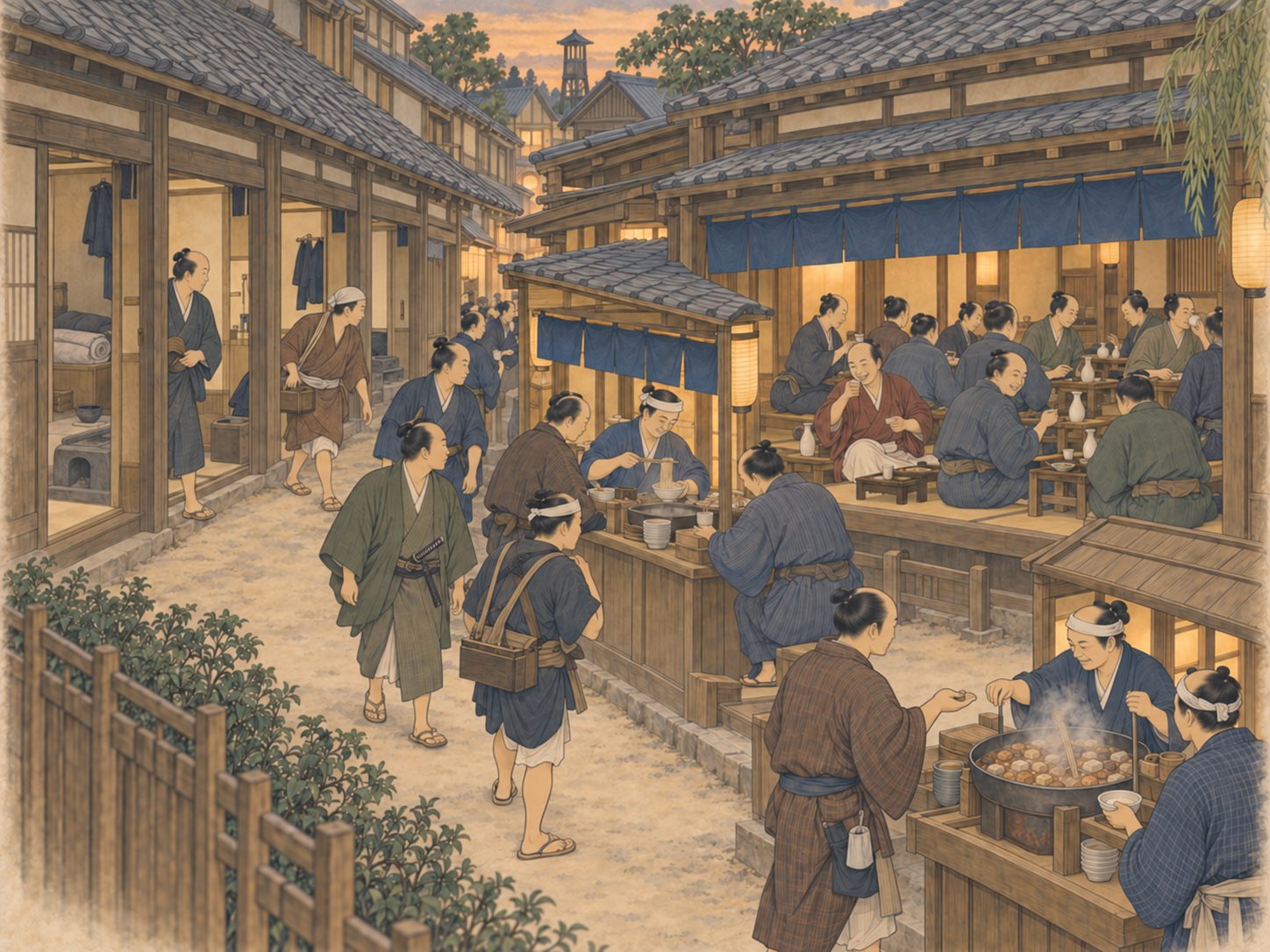 作図（AI生成）。しくみ③ なぜ江戸で成り立ったのか。外食と外飲みが商売として成り立つには、家で食べない人が大量に必要である。