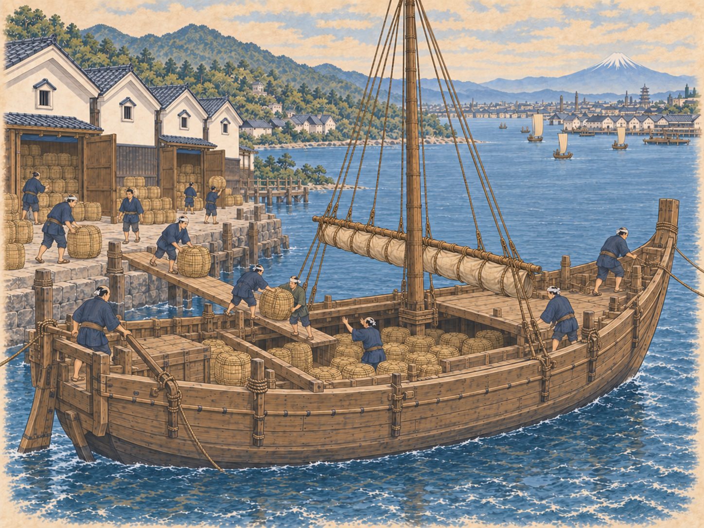 作図（AI生成）。しくみ④ 下り酒と地廻り酒。伊丹・池田・灘といった摂泉十二郷から樽廻船で運ばれてくる上方の酒——これを下り酒と呼ぶ。