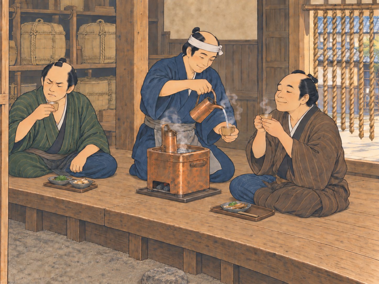 作図（AI生成）。しくみ⑤ 縄のれん、ちろり、燗。当時の酒は雑味を含むことも多く、温めることで角が取れて飲みやすくなった、という実用的な事情も指摘される（確度★★）。