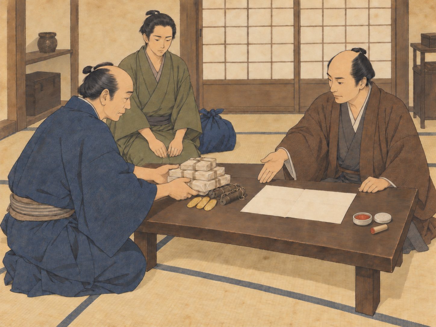作図（AI生成）。しくみ② 前借金という装置。給金を後払いで少しずつ受け取るのではなく、契約の時点でまとまった金を先に渡す。