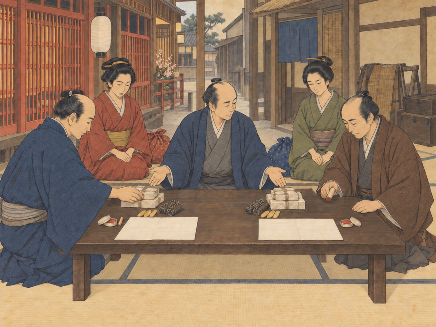作図（AI生成）。しくみ③ 遊女奉公の契約。吉原をはじめとする公認の遊里でも、宿場や岡場所でも、契約の器は同じである。