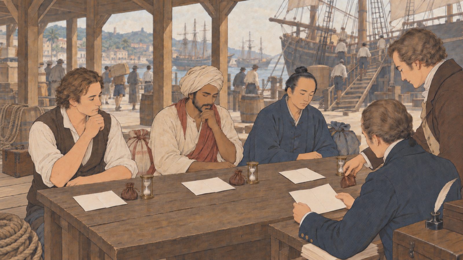 作図（AI生成）。同じころ、世界では。年季を切って人を渡す契約は、同時代の世界に広く存在した。