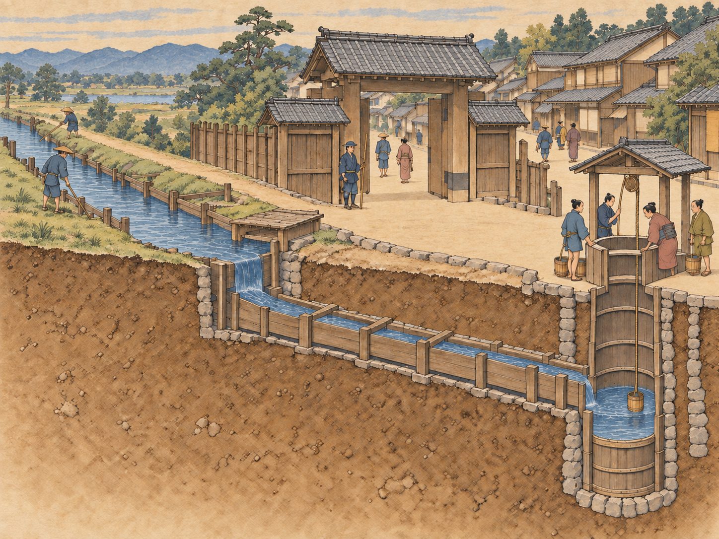 作図（AI生成）。しくみ。四谷大木戸から先、玉川上水の水は開渠を離れて地下に潜る。