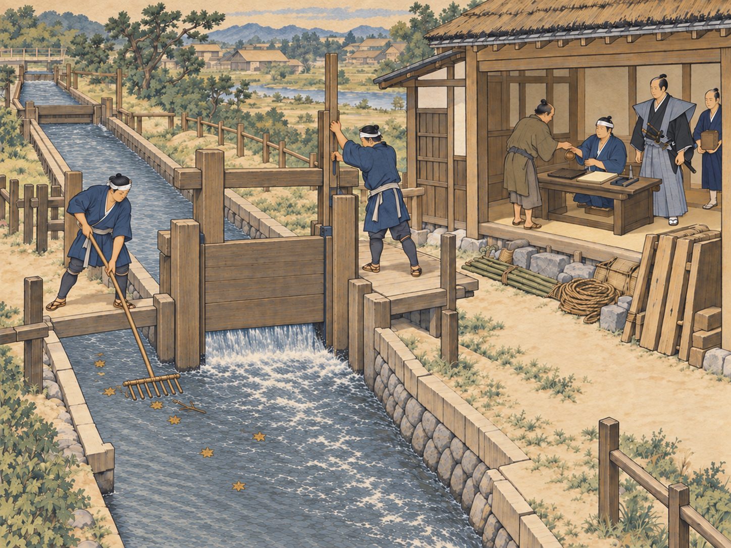 作図（AI生成）。しくみ。これだけの施設を守るために、幕府は上水の要所に水番屋を置き、水番人を詰めさせた。